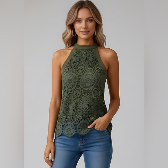 Green Guipure Lace Insert Halter Neck Top - Picture 1 of 8